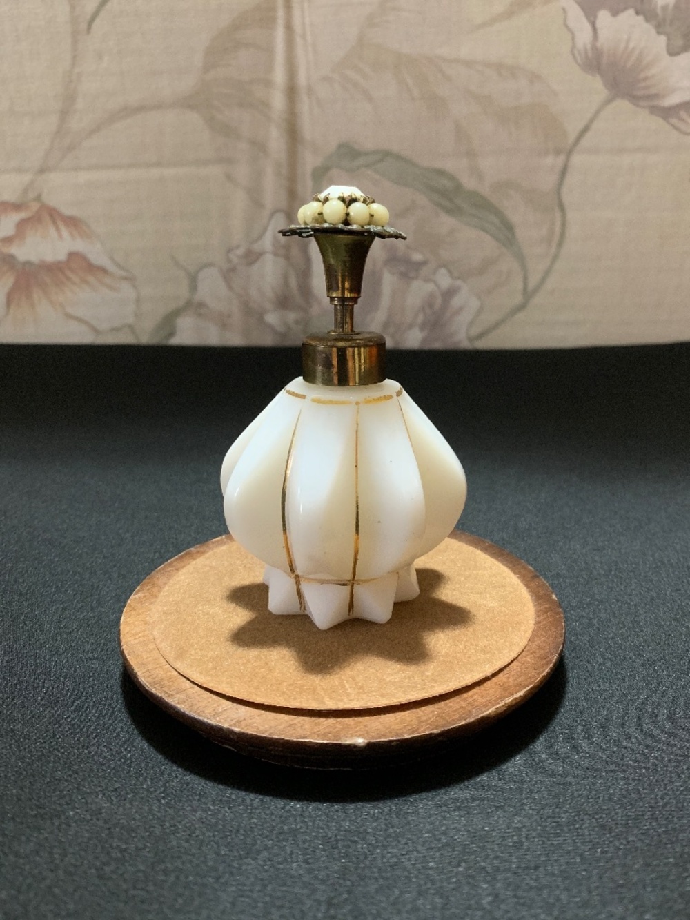 Vintage Irice White Glass Perfume Bottle Gold Trim Orig Floral Beaded Metal Top